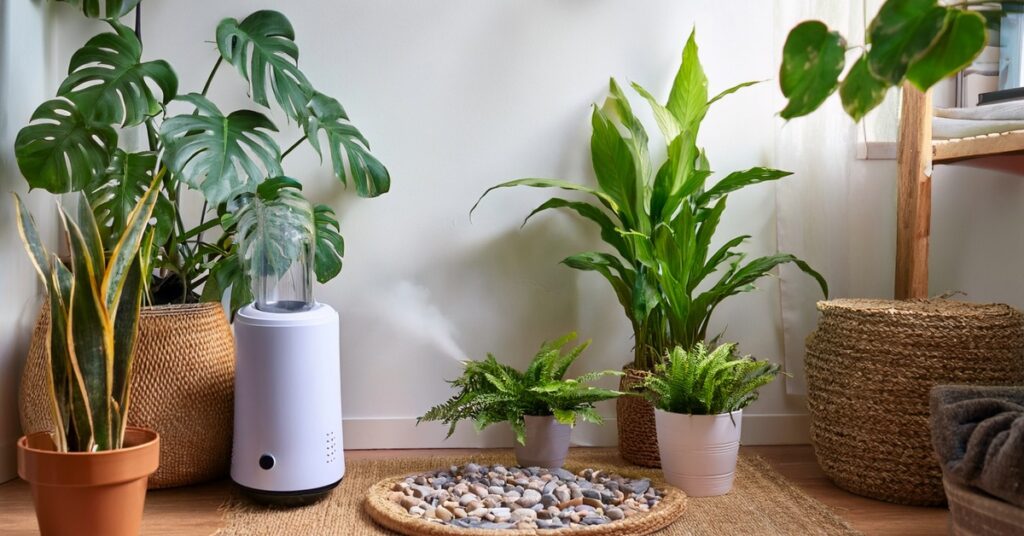 Indoor plants with humidifier and pebble tray to maintain humidity.