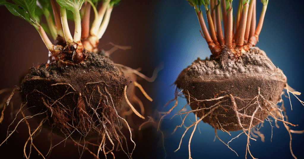 Comparison of healthy plant roots and overwatered, rotten roots.