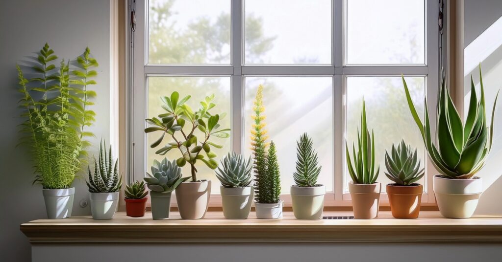 Infographic showing houseplant placement by window based on light needs.
