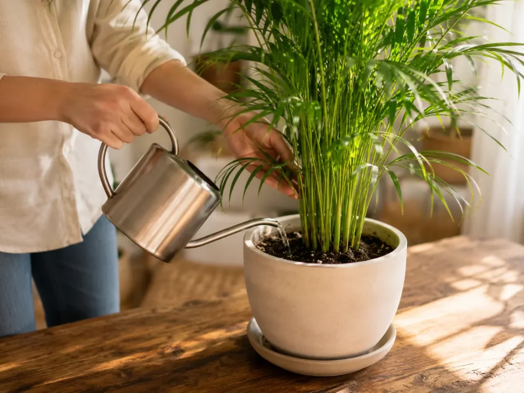 Person watering a potted majesty palm plant indoors with natural light
