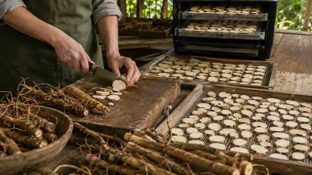 Fresh medicinal roots being sliced into uniform pieces beside mesh trays and a dehydrator for proper root drying