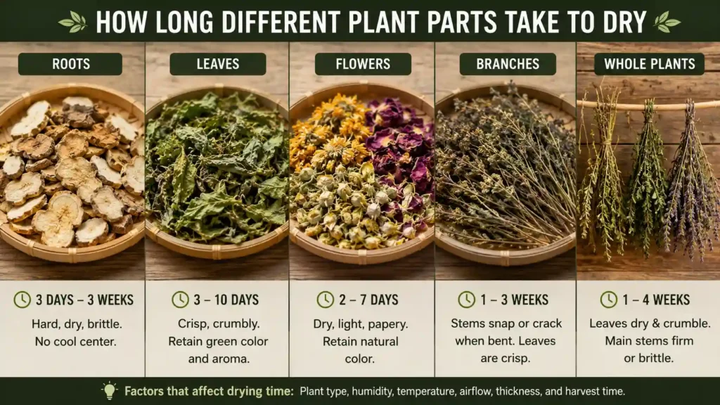 Infographic showing drying times for roots, leaves, flowers, branches, and whole plants with visual examples of dried botanical materials