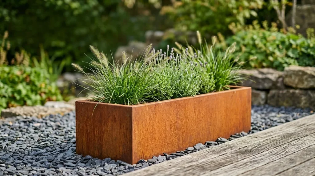 A long rectangular Corten steel planter showcasing a weathered rust patina, planted with green ornamental grasses and lavender on a dark gravel bed next to a wooden deck.