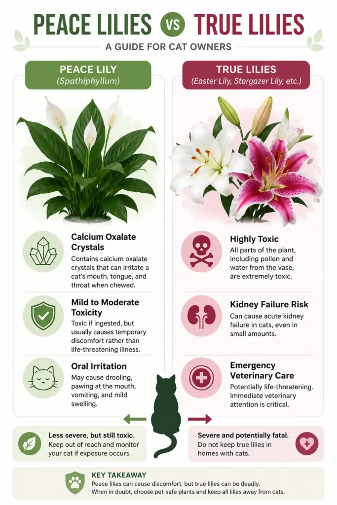 Infographic comparing peace lilies and true lilies, showing oral irritation risks from peace lilies and kidney failure risks from true lilies in cats.