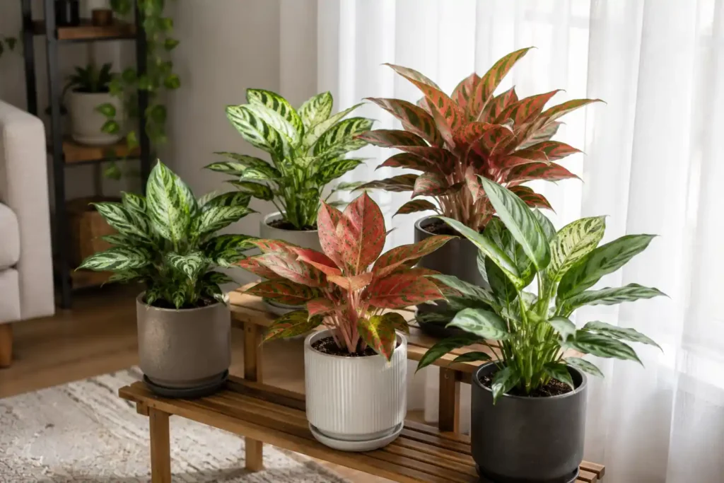 Healthy Chinese Evergreen plants growing in bright indirect light indoors.