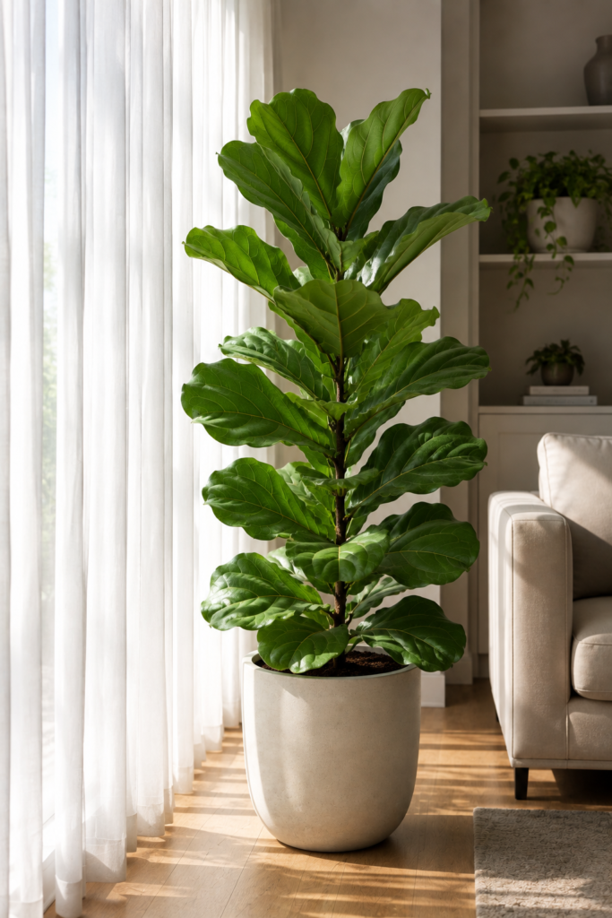 Healthy fiddle leaf fig growing in bright indirect sunlight near a large window.