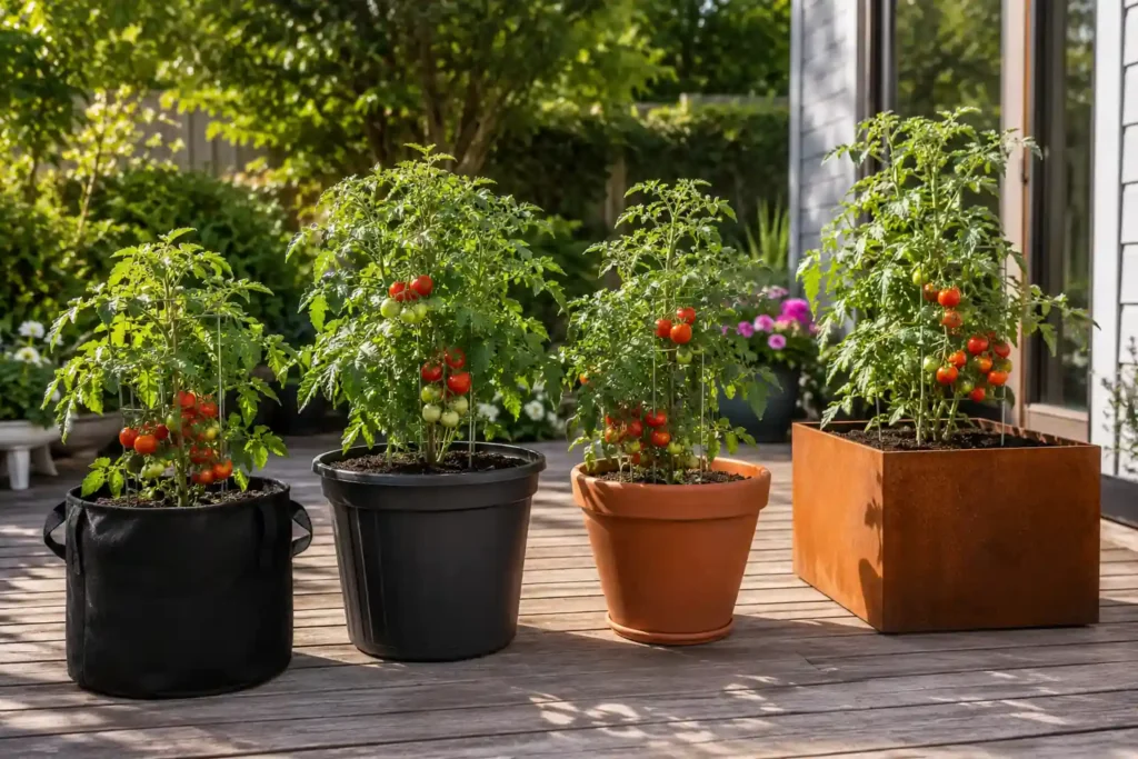 Healthy tomato plants growing in fabric, plastic, terracotta, and corten steel containers on a sunny patio garden.