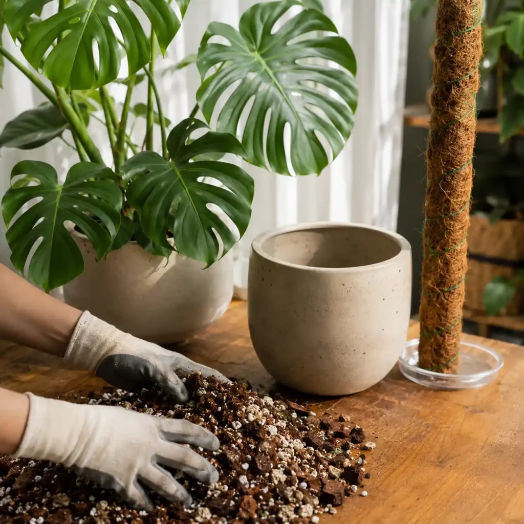 Preparing a chunky well-draining potting mix for a Monstera deliciosa.