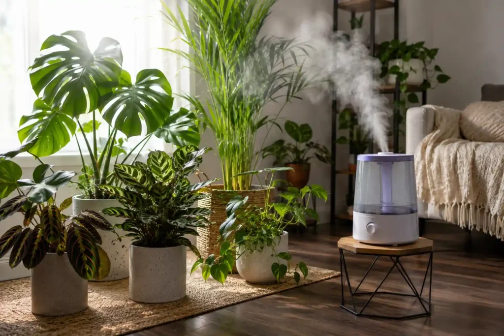 Proper placement of a humidifier near tropical indoor plants to increase humidity safely.