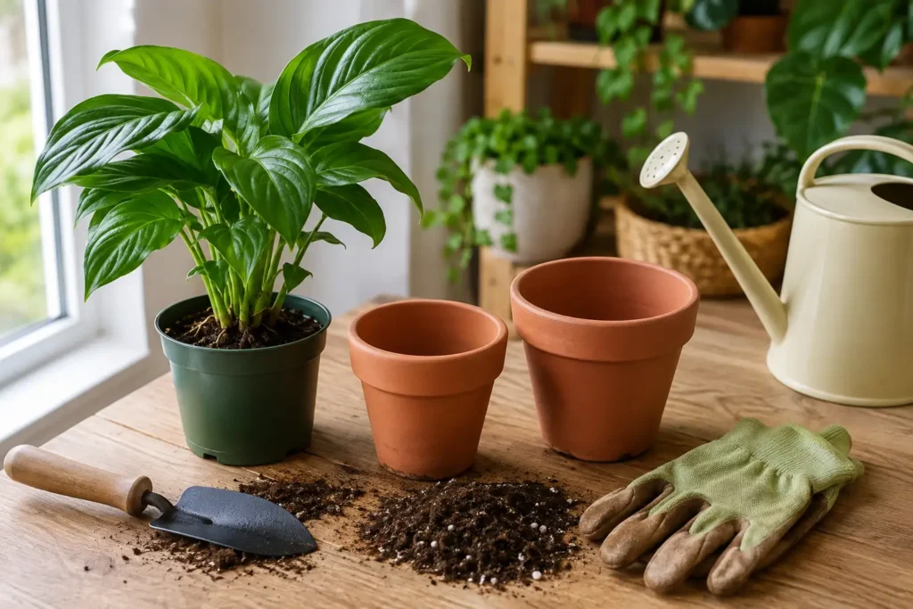 Choosing the correct pot size before repotting a houseplant.