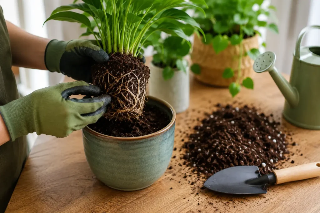 Loosening healthy roots before repotting a houseplant into fresh potting soil.