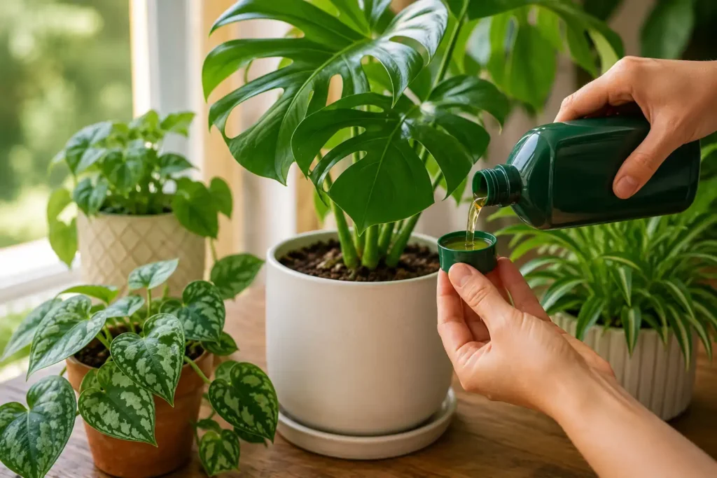 Monstera houseplant being fertilized with liquid plant food