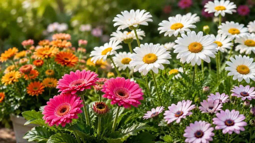 Colorful garden featuring white Shasta daisies, pink Gerbera daisies, and purple African daisies