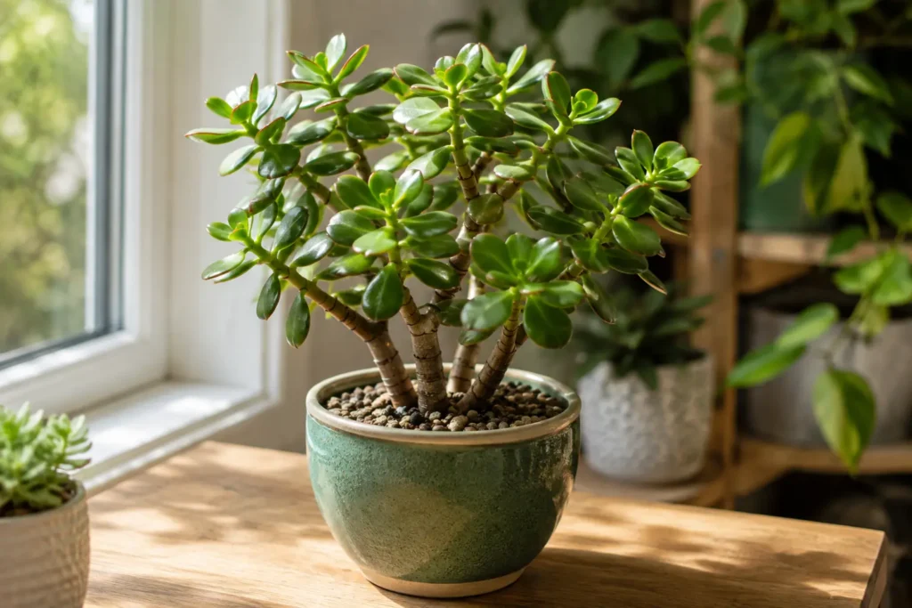 Healthy jade plant with glossy green leaves in a ceramic pot beside a sunny window
