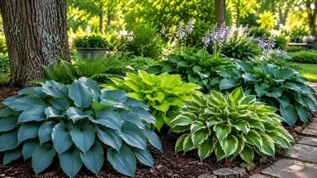 Healthy blue-green, green, and variegated hosta plants growing beneath trees in a shaded garden