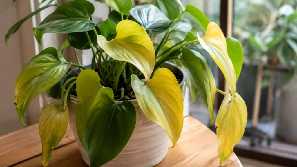 Potted houseplant with several yellowing leaves and healthy green leaves near a bright indoor window