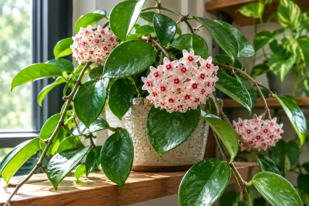Hoya plant with glossy green leaves and clusters of pale pink star-shaped flowers near a sunny window
