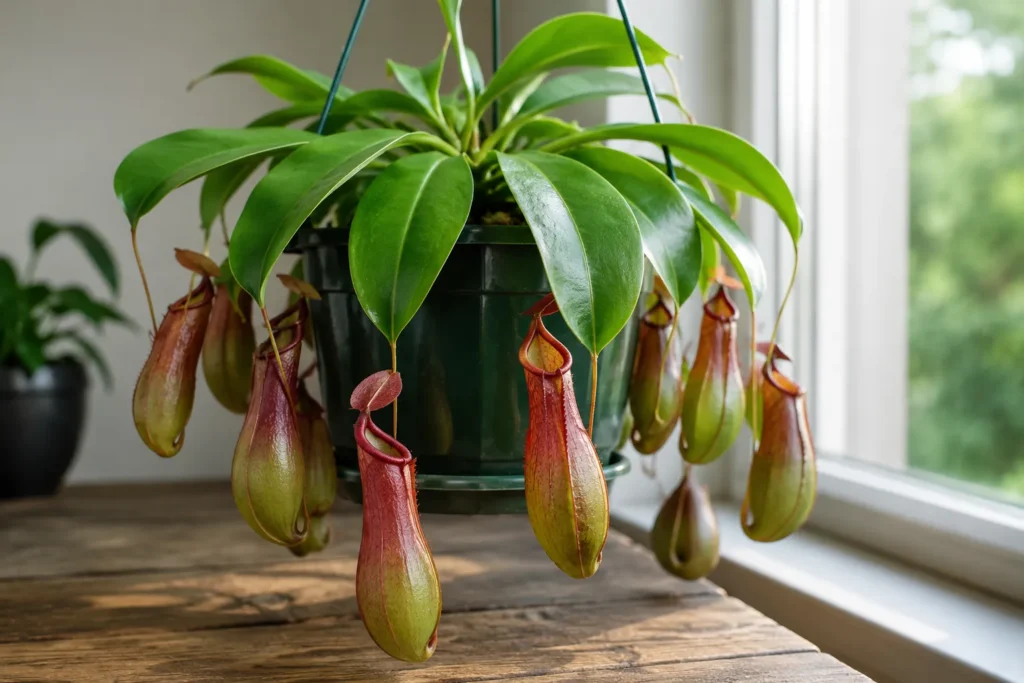 Healthy Nepenthes pitcher plant with colorful hanging pitchers growing beside a bright indoor window