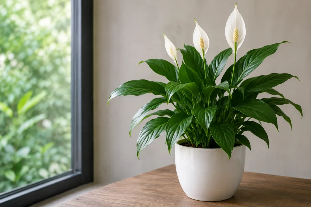 Healthy peace lily with glossy green leaves and white flowers in a white pot near a window