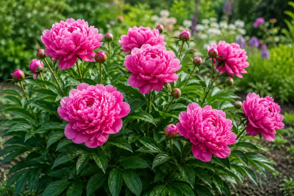 Pink peony plant with large flowering peonies and green leaves in a garden