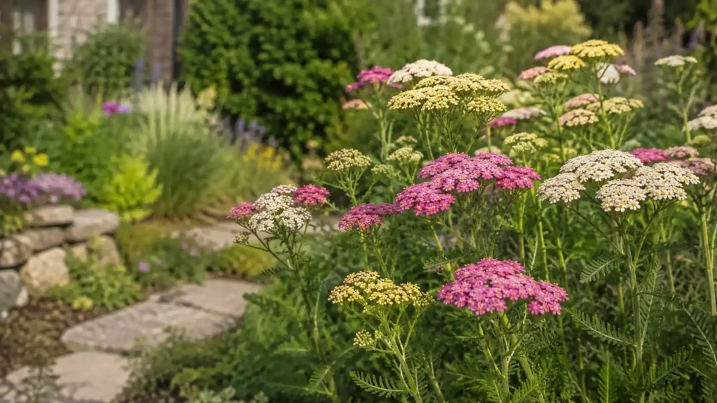 Pink, white, and yellow yarrow flowers growing along a stone garden path in sunlight