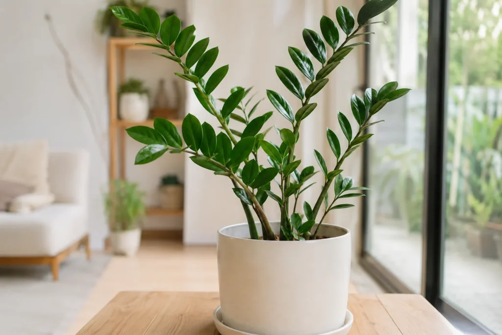 Healthy ZZ plant with glossy green leaves in a cream ceramic pot beside a bright window